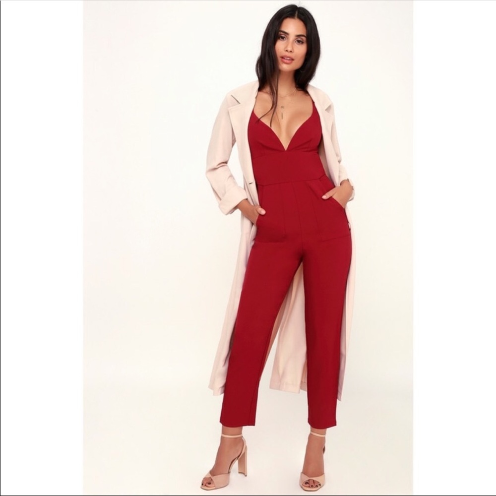 Lulu’s Eureka Wine Red Tie-Back Jumpsuit L